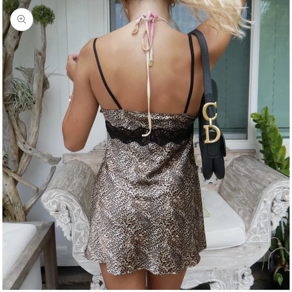 Victoria Secret Leopard Print Set Slip‎ Dress & Wrap Around Lace Satin Robe M/L